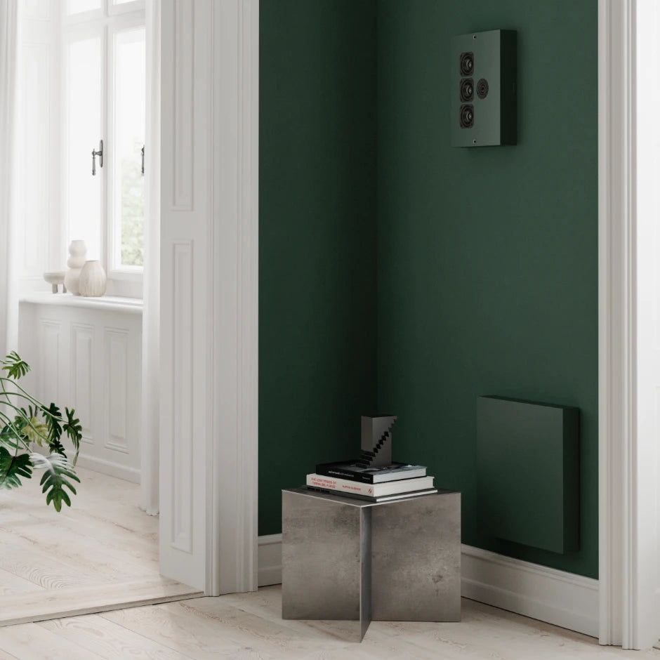 Artcoustic green colour matched speaker and subwoofer