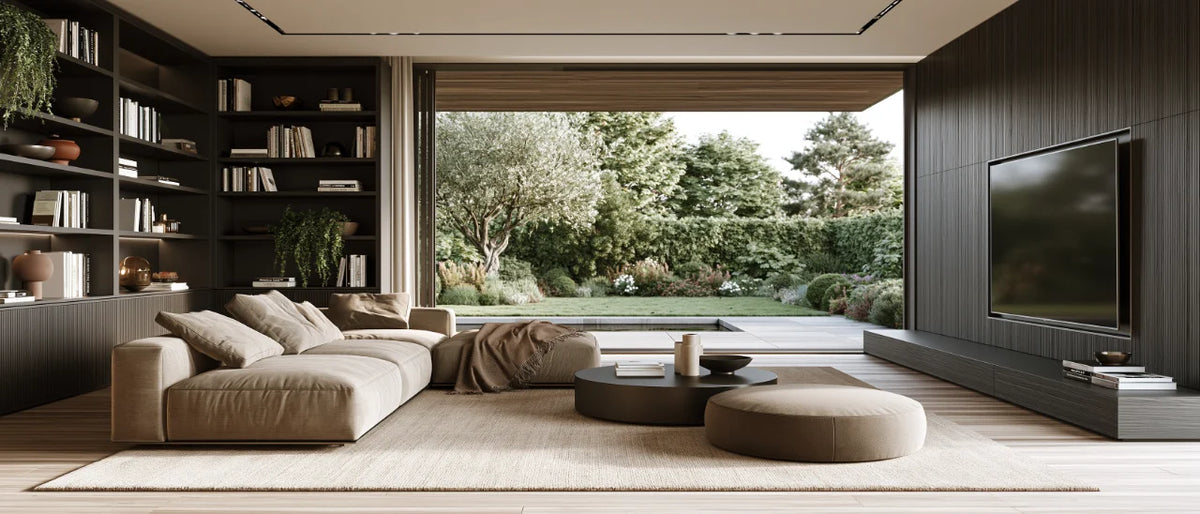 Contemporary living room with a wall-mounted television and minimalist interior